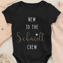 Load image into Gallery viewer, New to the &quot;Family Name&quot; Crew - Organic Baby Bodysuit White - Personalized Name