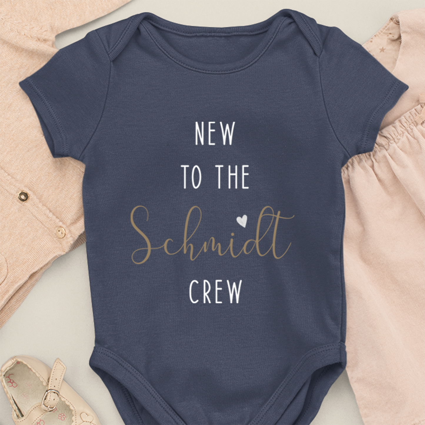 New to the "Family Name" Crew - Organic Baby Bodysuit White - Personalized Name