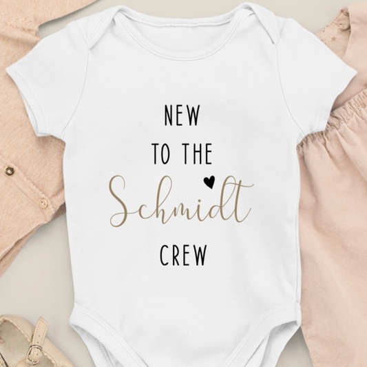 New to the "Family Name" Crew - Organic Baby Bodysuit White - Personalized Name